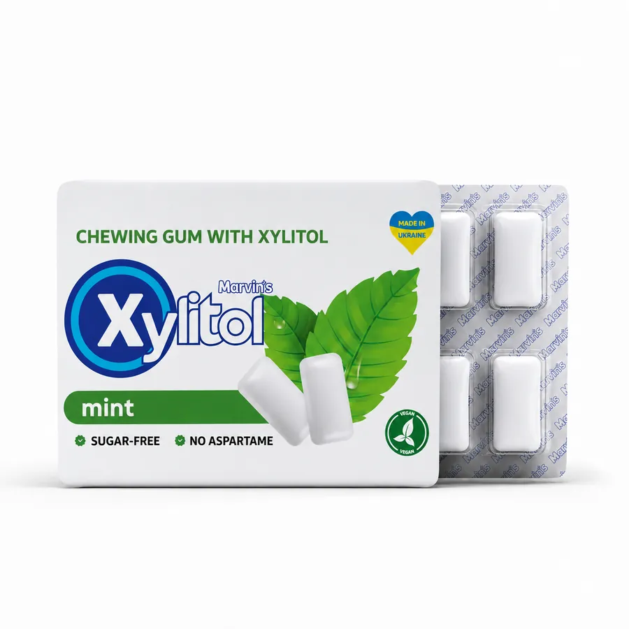Xylitol-sweetened sugar-free chewing gum with a mint flavour