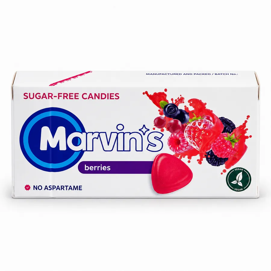 Sugar-free hard candy drops with a mixed berry flavour