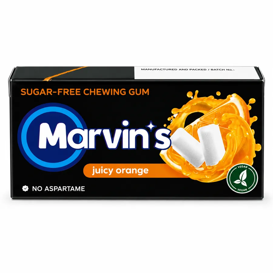 Marvin's sugar-free chewing gum with a juicy orange flavour